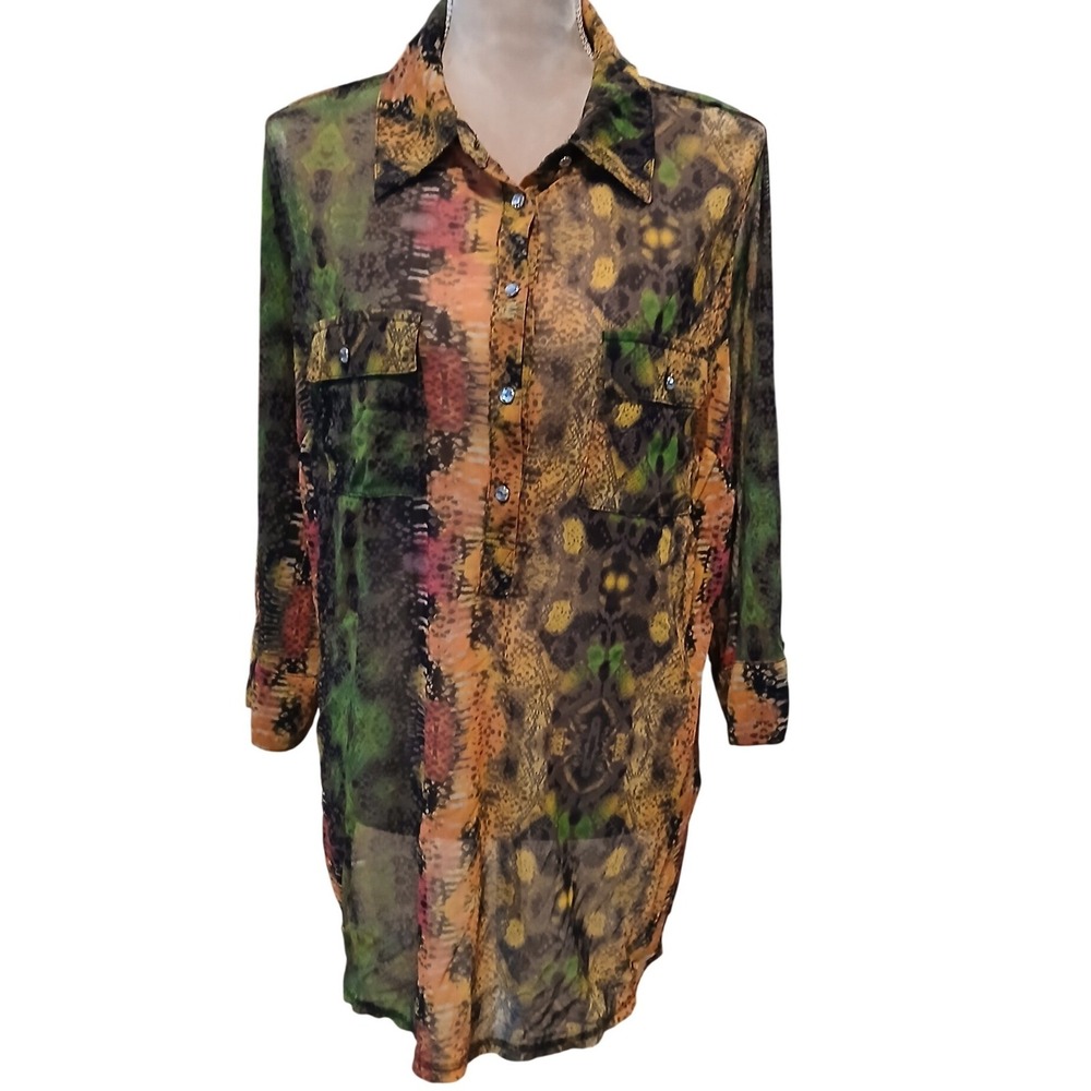 Womens 1x Rainbow Abstract Animal Print Mesh Tab Sleeve Top Maximalism Grunge